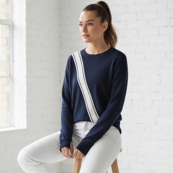 Athleta Streetwise Stripe Navy Blue Sweater With Coolmax & Thumbholes Size S - Picture 1 of 13